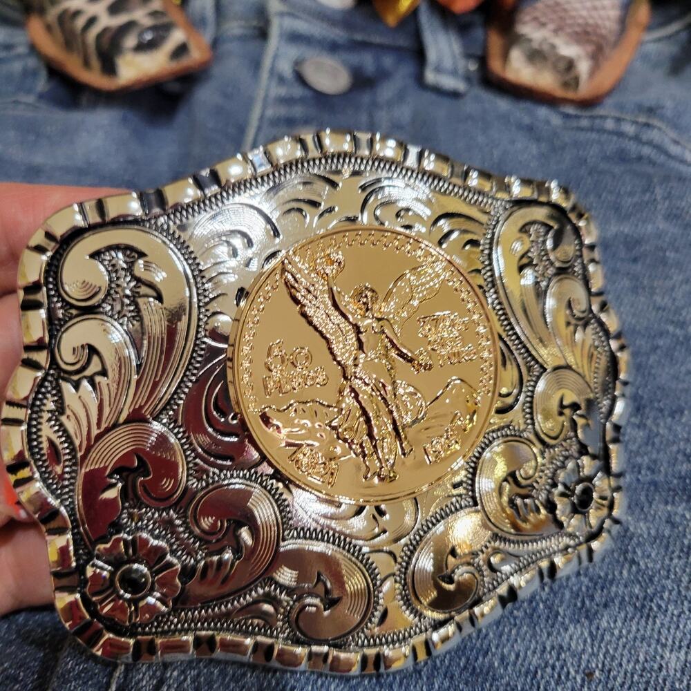 Centenario Cowboy Belt Buckle Western Silver With RoseTone Faux 50 Peso Concho